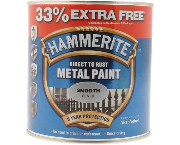Hammerite Direct to Rust Metal Paint Smooth Silver Finish 750ml Plus 33% Extra Free - 1L