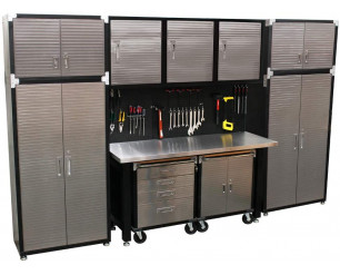 Seville Classics HD 11 Piece Commercial Quality Garage Storage System With Stainless Steel Bench