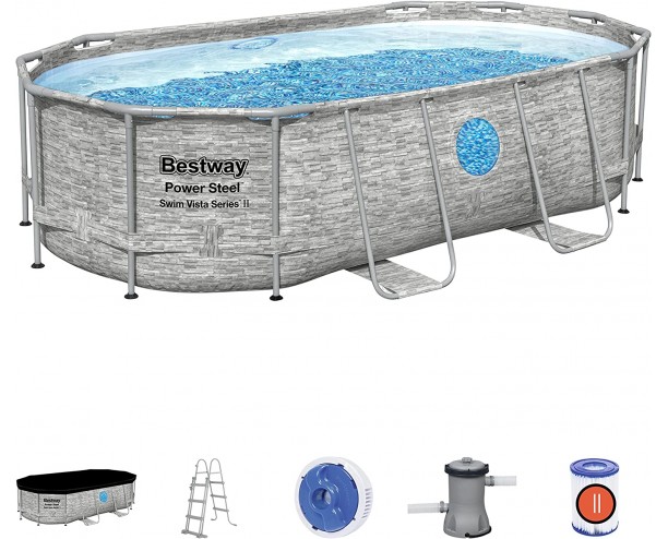 Bestway 56714 Power Steel Oval Frame Pool with Filter Pump, Swim Vista Rattan Style with Window, 14 ft