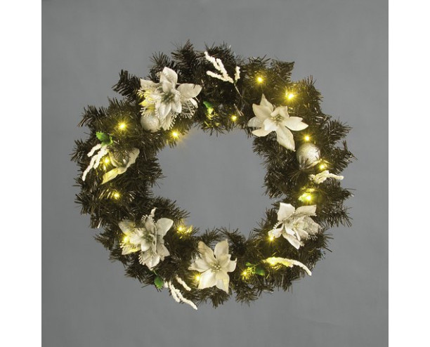 Snowtime Pre-lit 60cm Silver Poinsettia Wreath