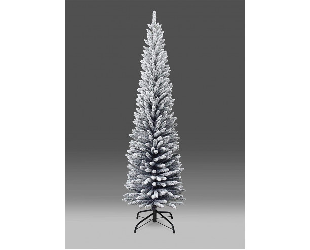 SHATCHI Artificial Slim Christmas Pencil Tree Holiday Home Decorations with Pointed Tips and Metal Stand Snow Flock, 7ft 