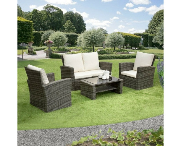GSD Rattan Garden Furniture 4 Piece Patio Set- Grey with cream cushions 