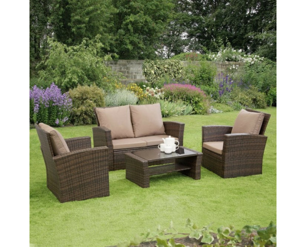GSD Rattan Garden Furniture 4 Piece Patio Set- Brown with light brown cushions 