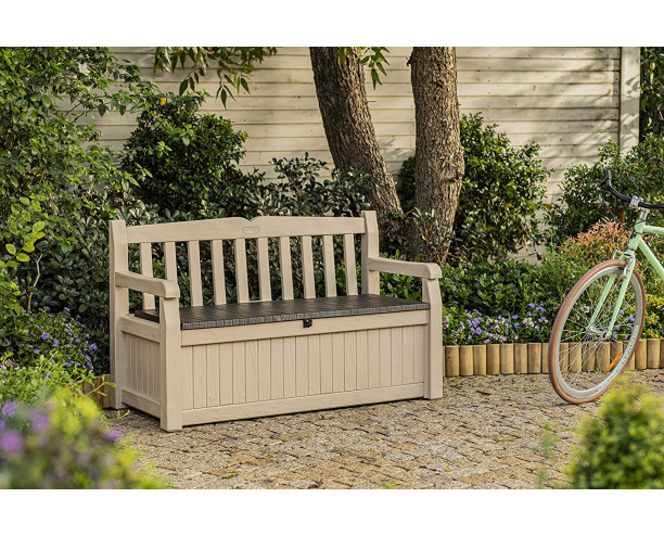 Keter Eden Bench Outdoor Plastic Storage Box Garden Furniture, Beige and Brown, 140 x 60 x 84 cm