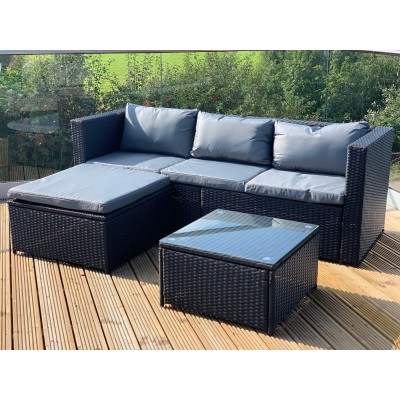 GSD Black Victoria Rattan Garden Furniture Corner Sofa Lounge Chase Set - Modular 4 Piece In/Outdoor