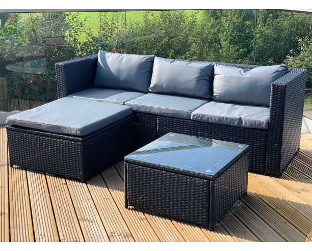 GSD Black Victoria Rattan Garden Furniture Corner Sofa Lounge Chase Set - Modular 4 Piece In/Outdoor