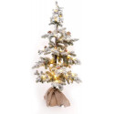 SHATCHI Table Mantel Centrepiece Pre Lit LED Christmas Frosted Tips with Pine Cones Flocked Snow Covered Xmas Tree with Burlap Base for Decoration, Green, 140cm
