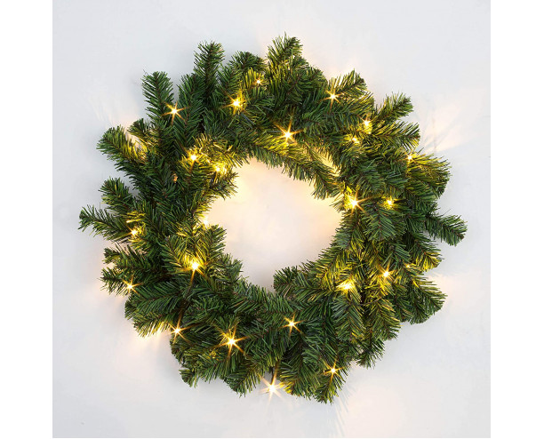55cm Pre-Lit Green Christmas Wreath Alaskan Pine Warm White 