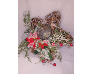 Twig Wrapped Star Centrepiece Candle Holder with Poinsettia and Berry Frosted Decor