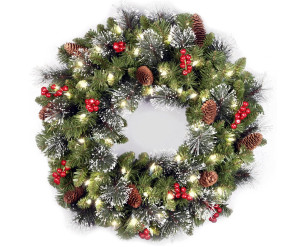 Crestwood Wreath with Silver Bristles, Cones, Red Berries and Soft White LED Lights