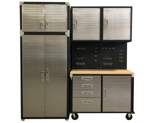 Seville Classics HD 6 Piece Mid Size Garage Storage System Stainless Steel Rolling Workbench, Steel Upright Cabinet and Overhead Hanging Wall Cabinets Wood Top