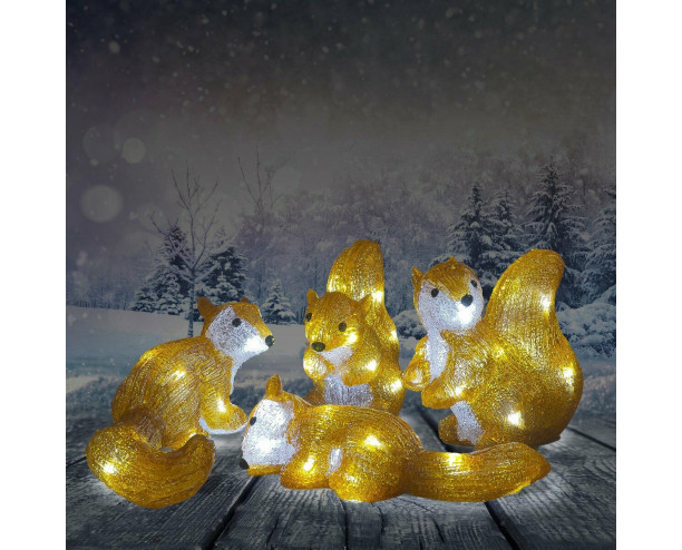 Christmas Acrylic Set of 4 Squirrels - 25cm, LED Lights, In or Outdoor Use