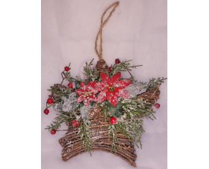 Twig Wrapped Hanging Star with Poinsettia and Berry Frosted Decor