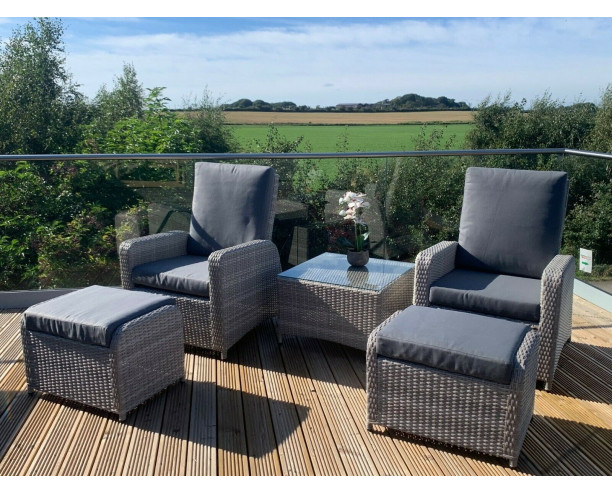 Weybourne Rattan Garden / Home Chair 5pc Set Reclining Armchairs Glass Top Table